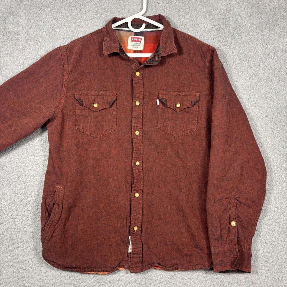 Levis Shacket Mens XL Rust Brown 3LDLW217 Plaid Lined Linen Cotton Shirt Jacket